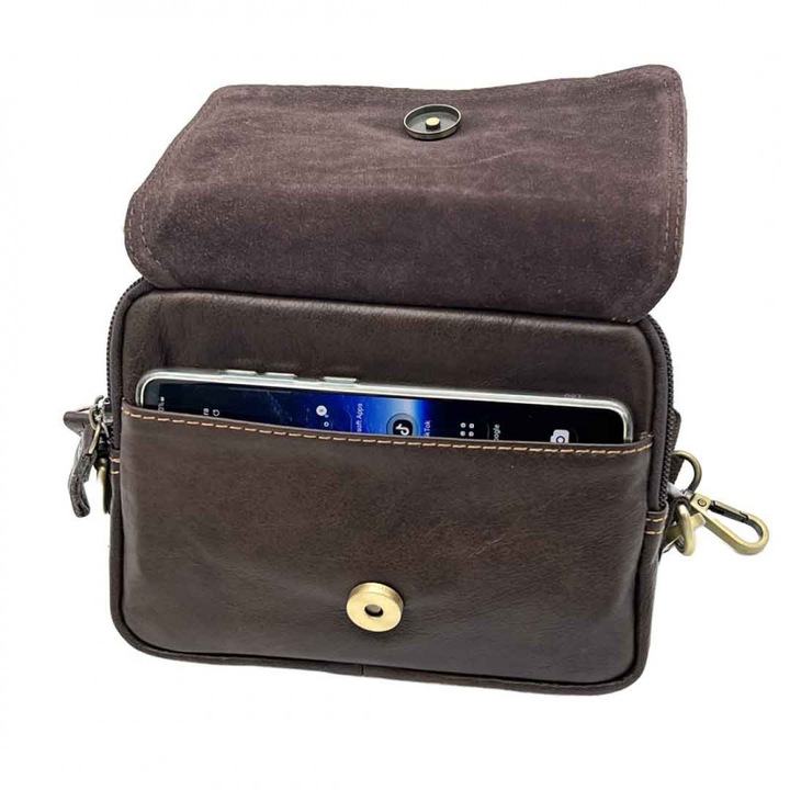 Мъжка чанта с отделение за телефон, регулируеми презрамки, тъмнокафяв, кожа, 18x14x4 см