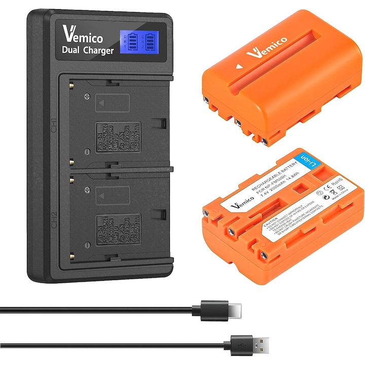 2 db NP-FM500H 2000 mAh akkumulátor készlet és dupla töltő LCD kijelzővel, Sony Alpha A57, A58, A65, A65V, A68, A77, A77V, A99, A99 II, A100, A200 A300, A300K, A500X, A300K, A300 , A50, A550 A560, A580, A700, A700K, A700P, A700Z, A850, A900