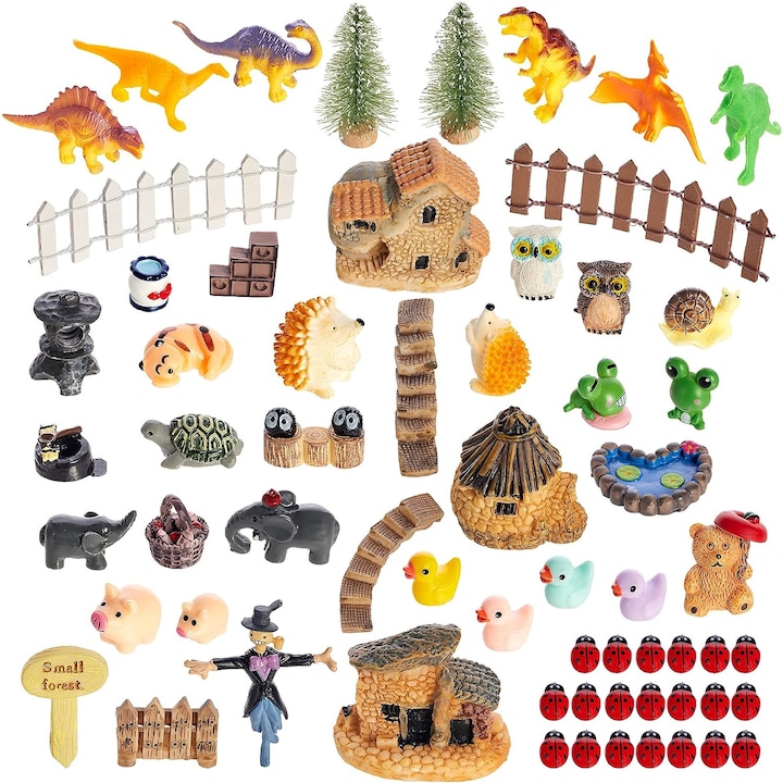 Set de accesorii de gradina in miniatura, cu dinozauri, animale de gradina, elemente de peisagistica, zane, pentru decor si relaxare