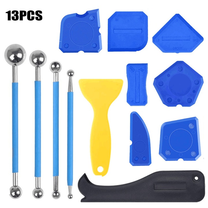 Set 13 unelte de etansare si netezire din silicon pentru baie si bucatarie