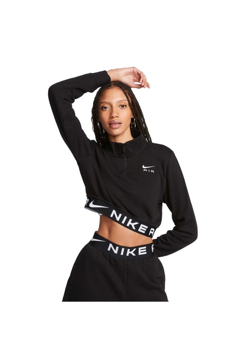 Nike, Bluza sport crop cu fermoar scurt si logo, Negru
