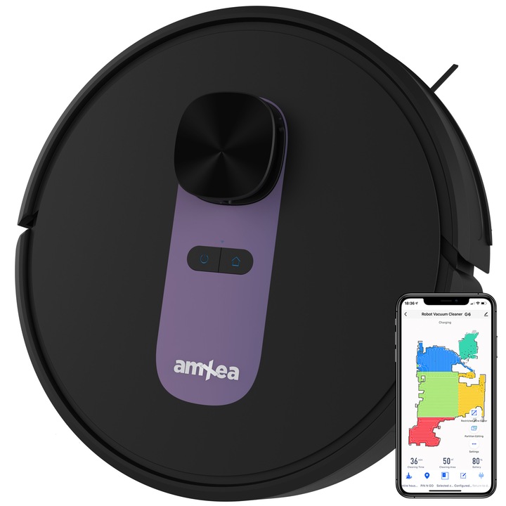 Aspirator robot amXea G6 Negru-Violet, navigare laser, Wi-Fi app, smart memory, multi-suprafete, curatare uscata cu spalare, perie centrala