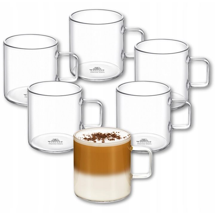 Set cani termo sticla transparente, 250 ml, 6 piese, pentru cafea, ceai, cappuccino, Thermoglass WILMAX
