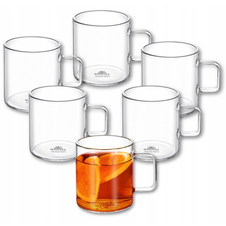 Set 6 cani termo sticla transparente, 400 ml, pentru cafea, ceai, cappuccino, Thermoglass WILMAX