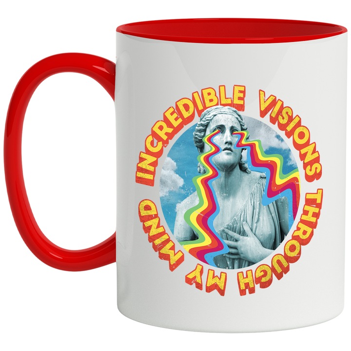 Cana Cu Mesajul Incredible Vision Through My Mind, Text In Engleza, Statuia Libertatii, Lacrimi Stil Curcubeu, 330 ml, cu maner Rosu