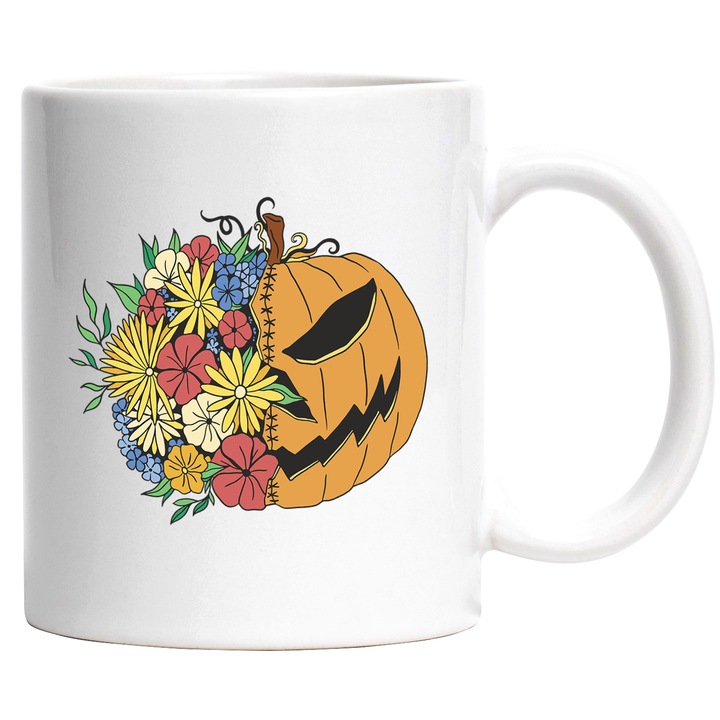 Cana Cu Dovleac de Hallowen, Flori Multicolor, Sarbatoare Infricosatoare, Iubitorii De Dovleac, 330 ml, cu maner Alb