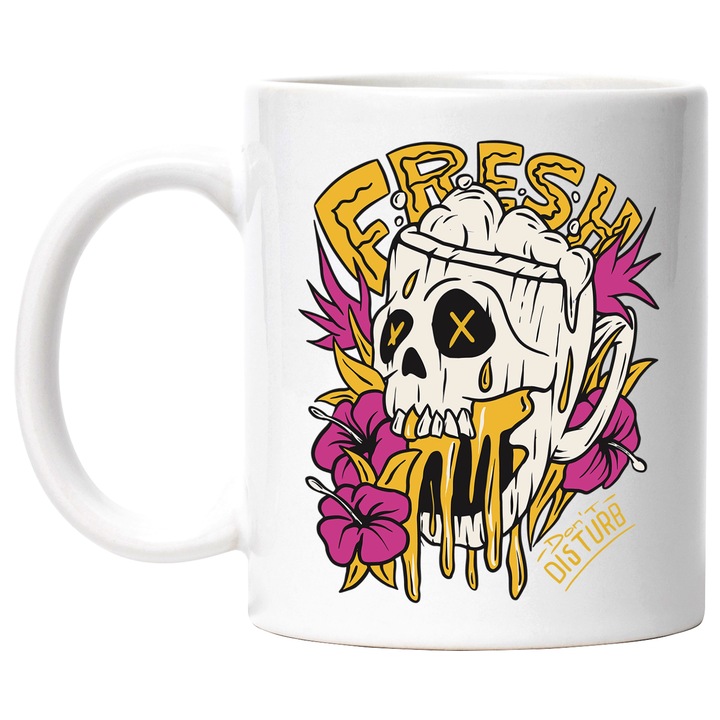 Cana Cu Craniu Om, Flori Roz, Text In Engleza Fresh, Rock, Iubitorii De Muzica Metal, Multicolor, 330 ml, cu maner Alb