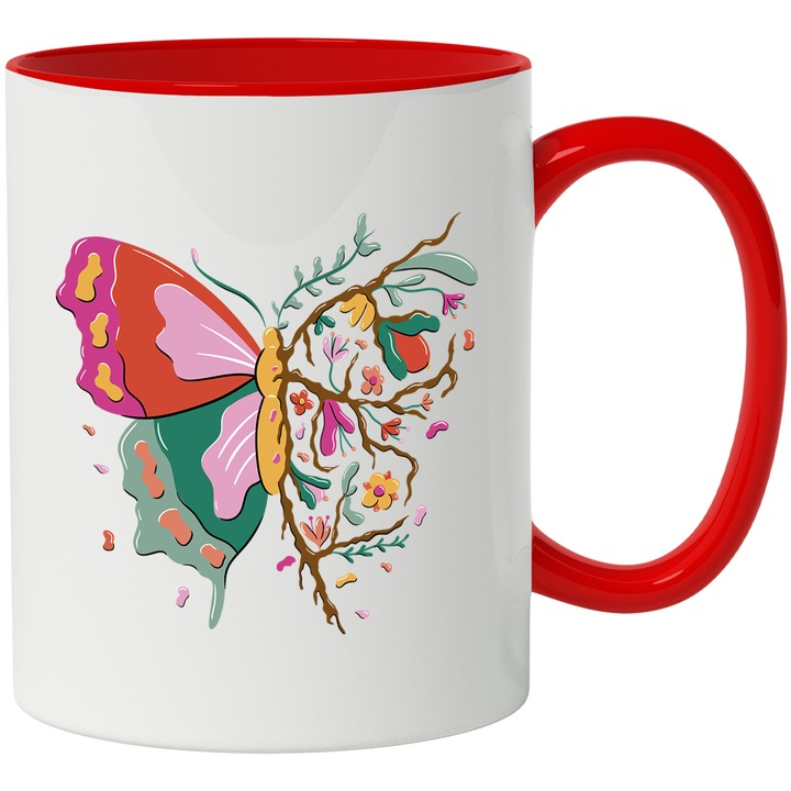 Cana Fluture, Copac, Arta, Design Creativ, Ceramica, 330 ml, Multicolor cu maner Rosu