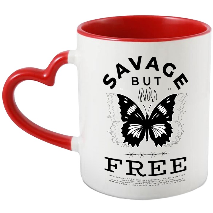 Cana Cu Mesaj Savage But Free, Fluture, Libertate, Iubitorii De Libertate, Negru, 330 ml, cu maner Inima Rosie