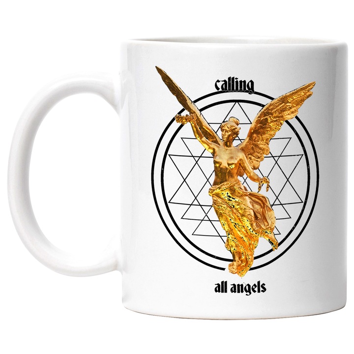 Cana Cu Mesaj Calling All The Angels, Sulptura De aur Inger, Silueta Feminina, Iubitorii De Arta Greceasca 330 ml, cu maner Alb