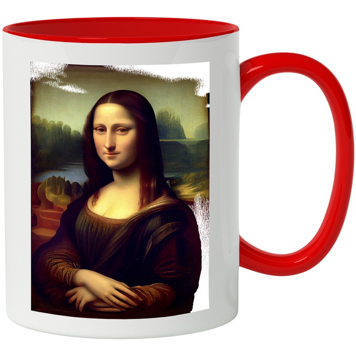 Cana Cu Pictura Stil Gioconda, Leonardo da Vinci, Mona Lisa, Arta Clasica, Multicolor, 330 ml, cu maner Rosu