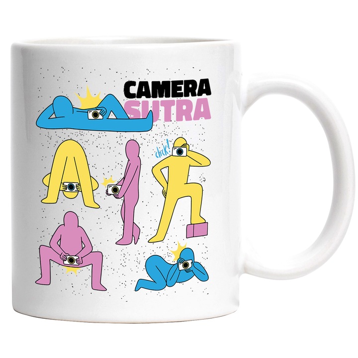 Cana Cu Mesajul Camera Sutra, Figurinte Cu Silete Umane Colorate In Diferite Pozitii Cu Aparate Foto, Text In Engleza, Paparazzi, Iubitorii De Poze, Multicolor, 330 ml, cu maner Alb