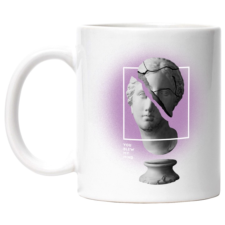 Cana Cu Arta Abstracta, Chip Sculptura Sparta, Fundal Roz, Arta Greceasca, Iubitorii De Istorie 330 ml, cu maner Alb