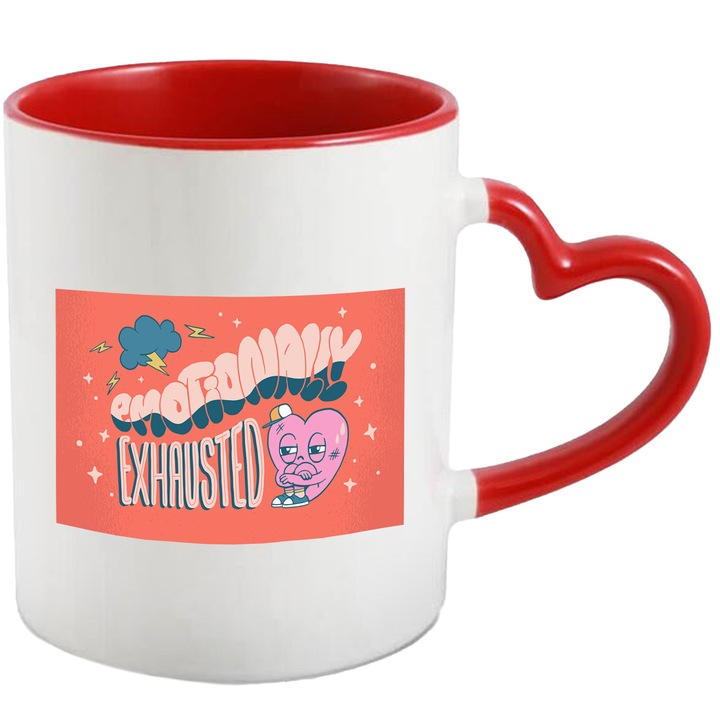 Cana Cu Emotionally Exahausted, Inima Suparata, Nor Fulgere, Cei Obositi Mental, Multicolor, 330 ml, cu maner Inima Rosie