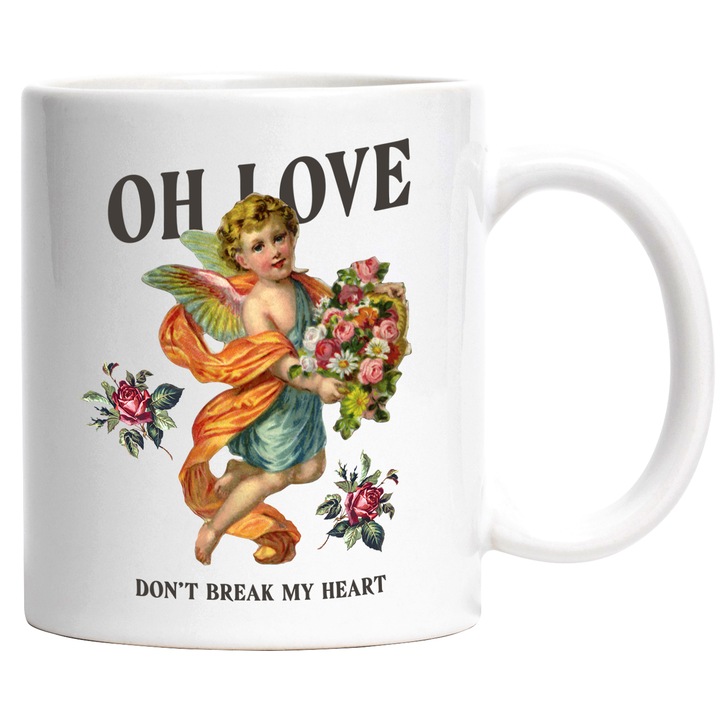 Cana Declaratie de Iubire, Oh Love, Don’t Break My Heart, Inger, Flori, Aripi, Ceramica, 330 ml, Multicolor cu maner Alb