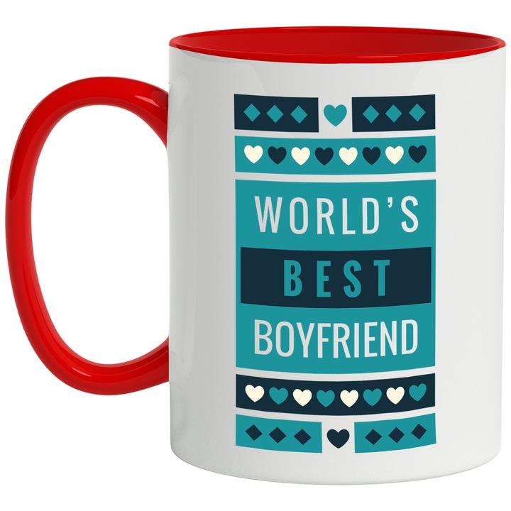 Cana Personalizata pentru Cel Mai Bun Iubit, World's Best Boyfriend, Ceramica, 330 ml, Multicolor cu maner Rosu