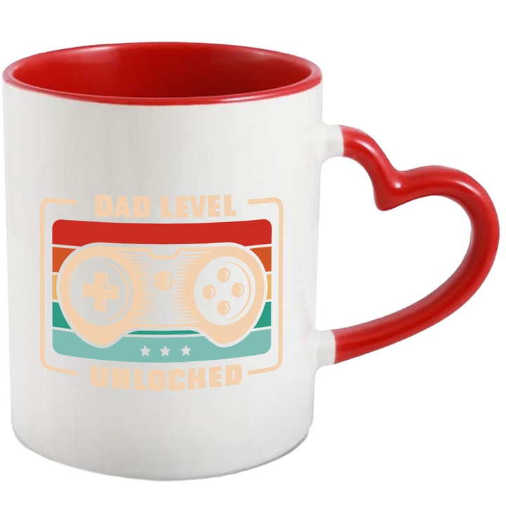 Cana Cu Mesajul Dad Level Unlocked, Maneta Play Station, Viitor Tatic, De Familie, Multicolor, 330 ml, cu maner Inima Rosie