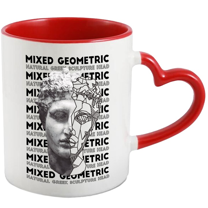 Cana Cu Mesajul Mixed Geometric, Text In Engleza, Chip Culptura Intrerupta, Iubitorii De Istorie, Multicolor, 330 ml, cu maner Rosu