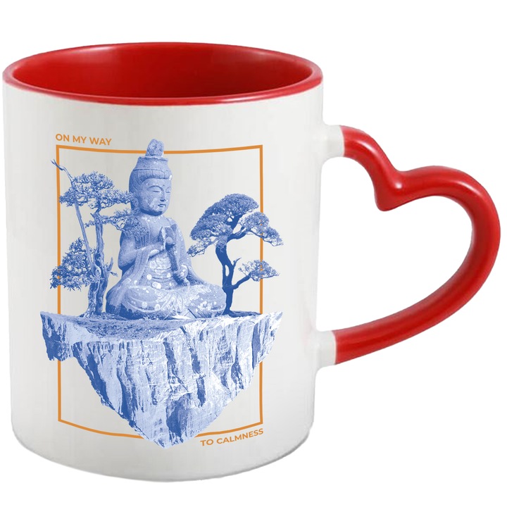 Cana Thomann Buddha-Amogasiddhi, On My Way to Calmness, Arta, Design Creativ, Ceramica, 330 ml, Multicolor cu maner Inima Rosie