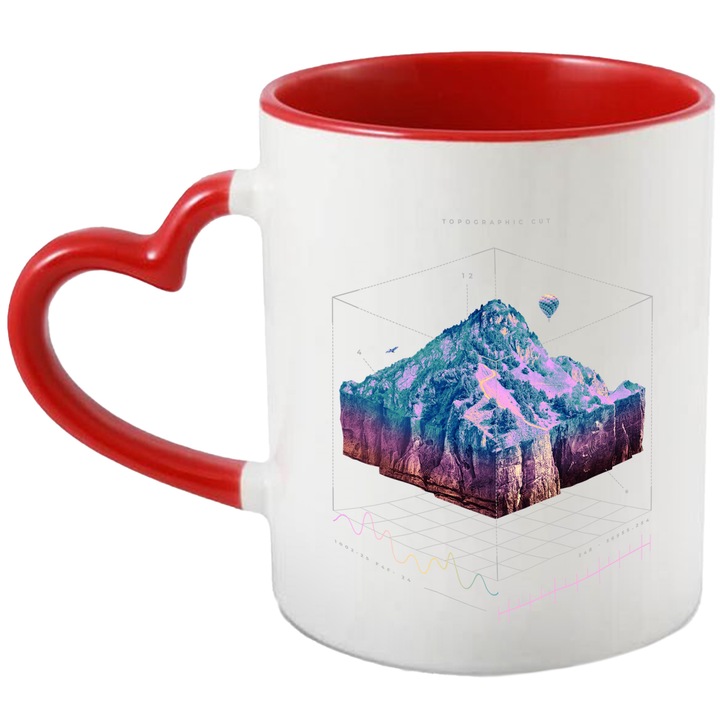 Cana Holograma, Munte, Arta, Design Creativ, Ceramica, 330 ml, Multicolor cu maner Inima Rosie