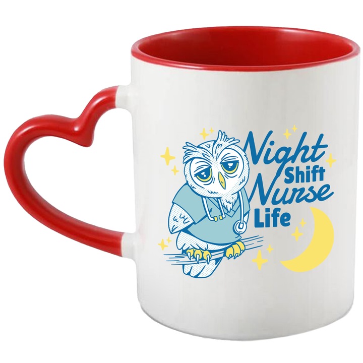 Cana Bufnita, Tura de Noapte Asistenta Medicala, Night Shift Nurse Life, Luna, Ceramica, 330 ml, Multicolor cu maner Inima Rosie