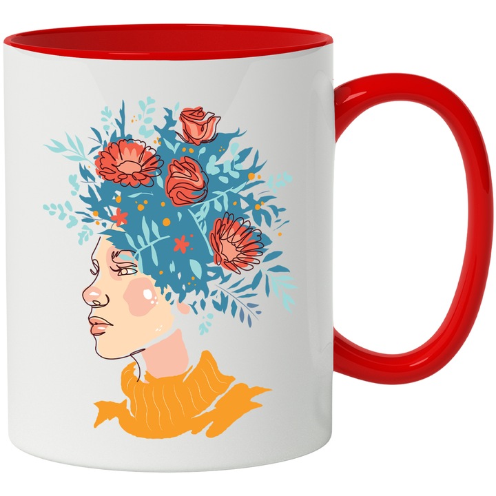 Cana Cu Chip Feminin Cu Flori In Loc De Par, Pulover Galben, Iubitorii De Flori, Multicolor, 330 ml, cu maner Rosu