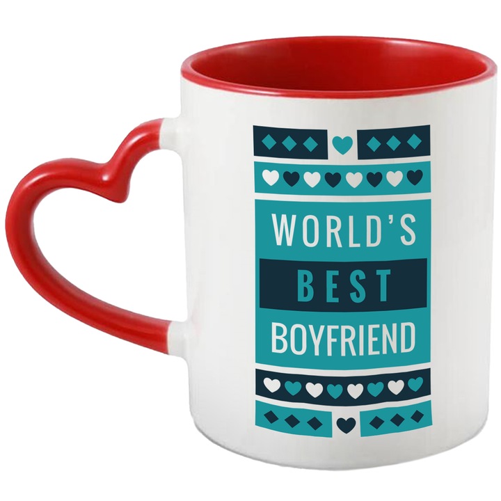 Cana Personalizata pentru Cel Mai Bun Iubit, World's Best Boyfriend, Ceramica, 330 ml, Multicolor cu maner Inima Rosie
