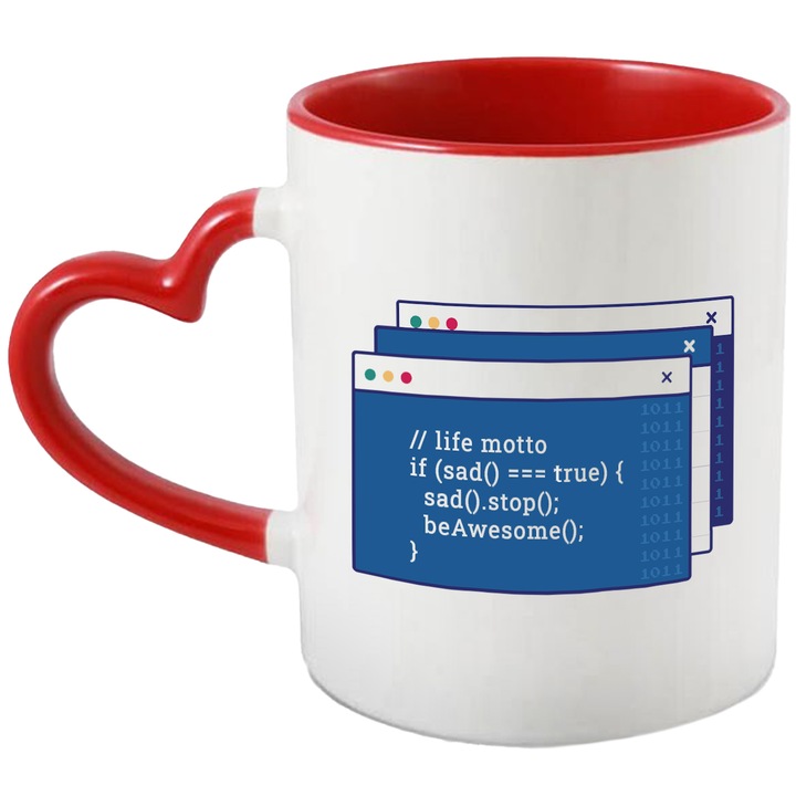 Cana Cu Cod, Text Limba Engleza, If Sad True Sad Stop Be Awesome, Programatori, Multicolor, 330 ml, cu maner Inima Rosie
