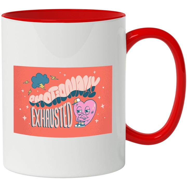 Cana Cu Emotionally Exahausted, Inima Suparata, Nor Fulgere, Cei Obositi Mental, Multicolor, 330 ml, cu maner Rosu