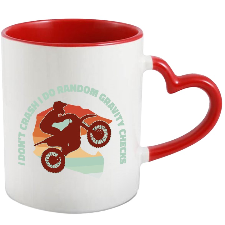 Cana Cu Mesajul I Don't Crash I Do Random Gravity Checks, Motocicist In Aer, Text In Engleza, Iubitorii De Motoare Si Adrenalina, Multicolor, 330 ml, cu maner Inima Rosie