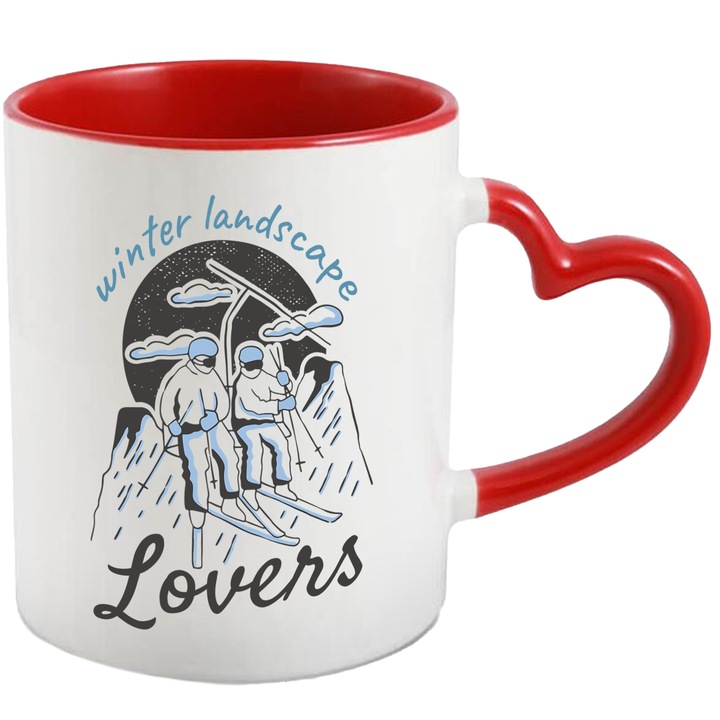 Cana Cu Mesajul In Engleza Winter Landscape Lovers, Oameni La Schi, Iarna, Iubitorii De Sporturi De Iarna, 330 ml, cu maner Inima Rosie