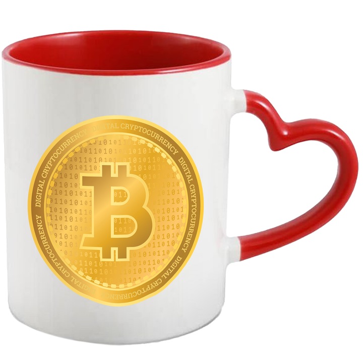 Cana Cu Simbol Bitcoin, Banut De aur, Monede Virtuale, Iubitorii De Investitii 330 ml, cu maner Inima Rosie