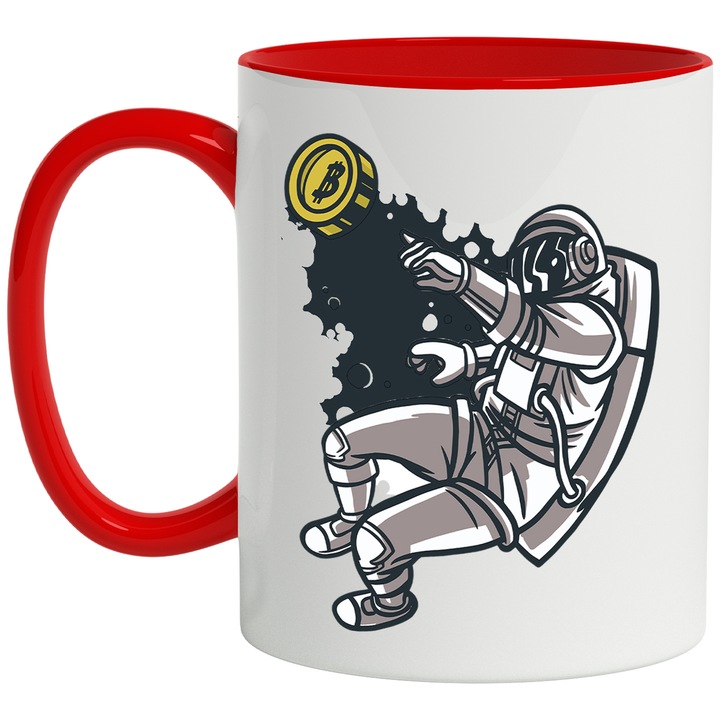 Cana Cu Astronaut In Cadere, Moneda Bitcoin, Investitii, Crypto, Iubitorii De Monede Virtuale, 330 ml, cu maner Rosu