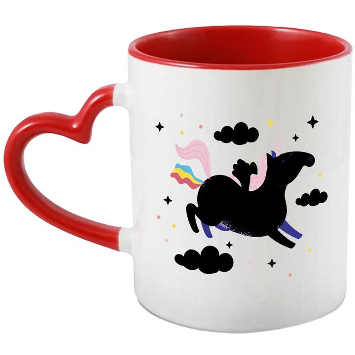 Cana Cu Unicorn In Ceruri, Basme, Cer Stralucitor, Copii, 330 ml, cu maner Inima Rosie