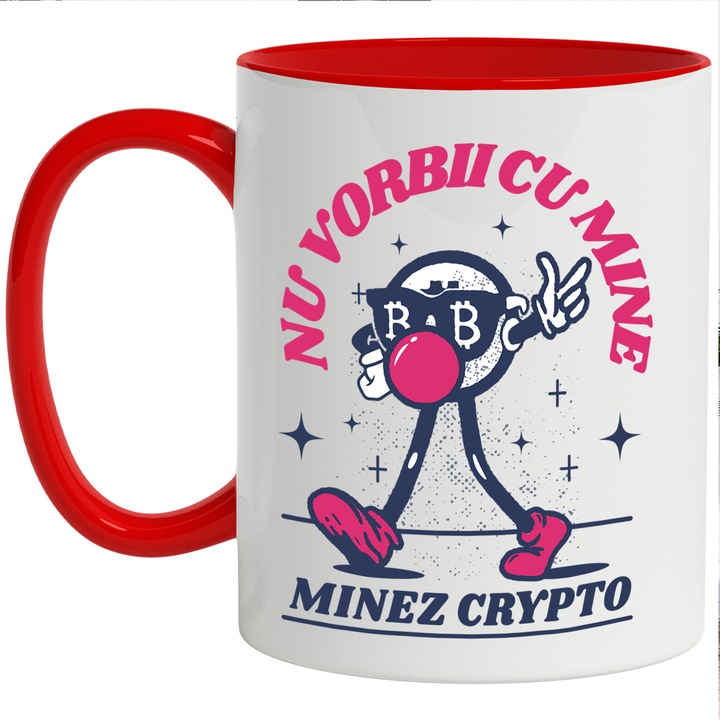 Cana Cu Mesaj Nu Vorbii Cu Mine Minez Crypto, Investitii, Monede Virtuale, Iubitorii De Bitcoin, Roz Albastru, 330 ml, cu maner Rosu