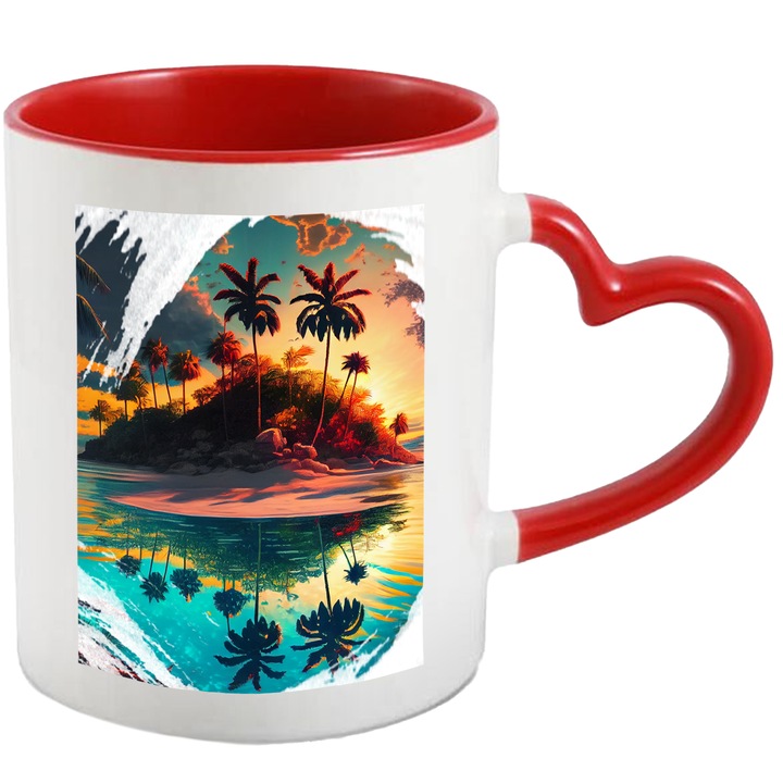 Cana Cu Peisaj Apus De Soare Pe O Insula Tropicala, Malul Marii, Copaci Exotici, Multicolor 330 ml, cu maner Inima Rosie