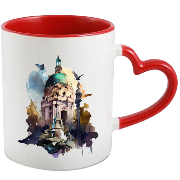 Cana Cu Cladire Din Bucuresti, Coltul Unei Cladirii Contemporane, Porumbei Zburand, Designe Abstract, Multicolor, 330 ml, cu maner Inima Rosie