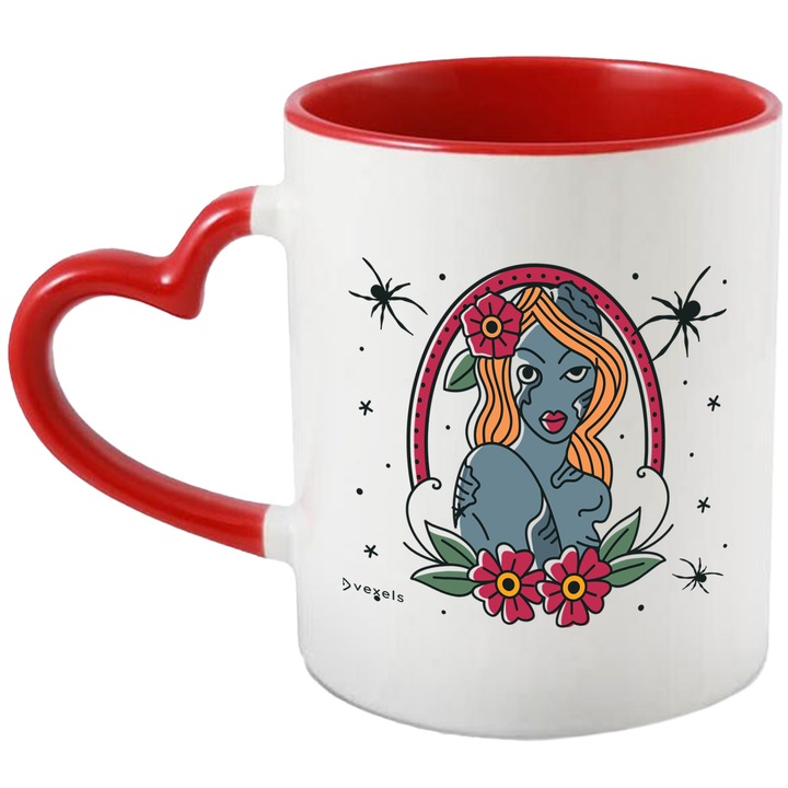 Cana Cu Portret Sirena Par Blond, Paianjeni Negri, Flori Rosii, Multicolor, 330 ml, cu maner Inima Rosie