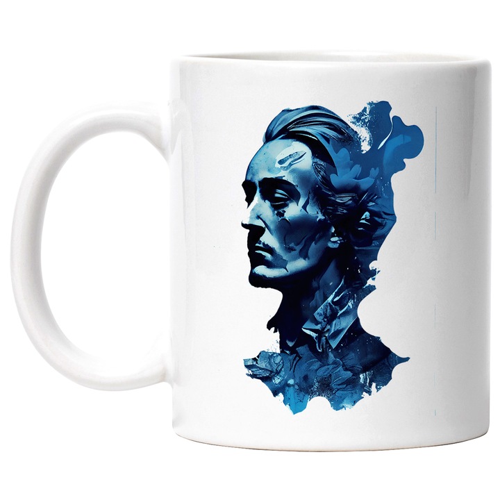 Cana Cu Portret Stil Mihai Eminescu Inghetati, Poetul Iubirii, Minte Luminata, Multicolor, 330 ml, cu maner Alb