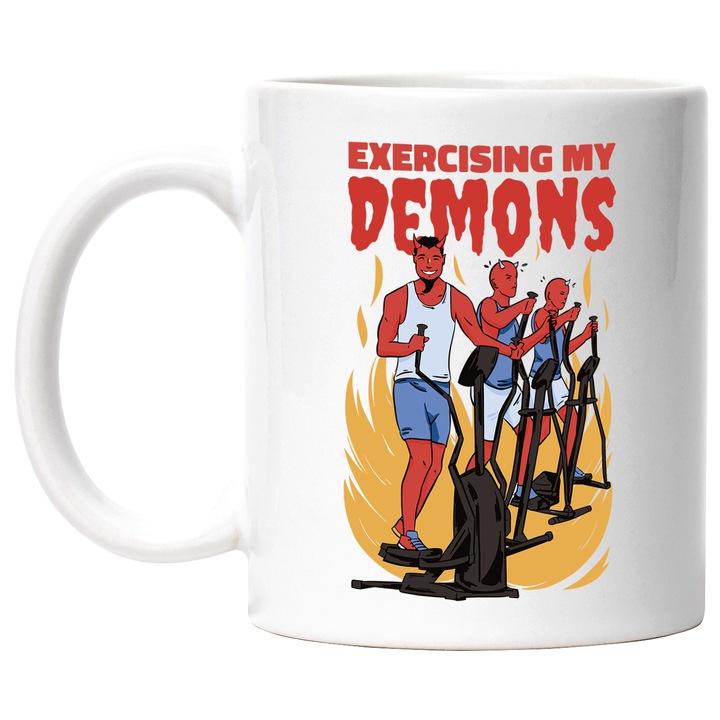 Bögre angol nyelvű üzenettel Exercising My Demons, Sala In Flames, Edzőterem, Fitness, Sportok szerelmesei, Többszínű, 330 ml, fehér fogantyúval
