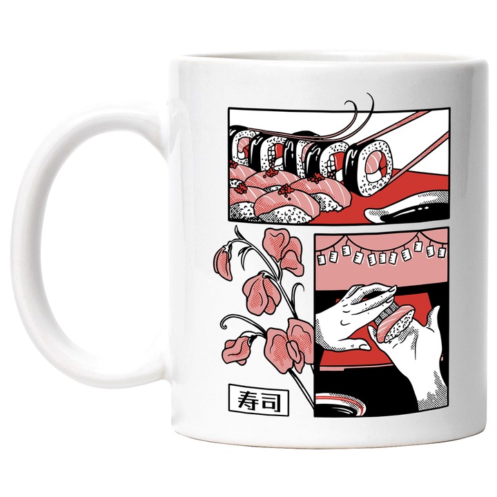 Cana Benzi Desenate, Sushi, Arta, Design Creativ, Ceramica, 330 ml, Multicolor cu maner Alb