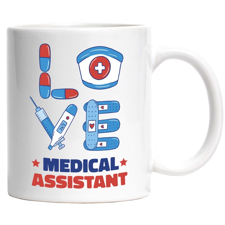 Cana Asistent Medical, Love Assistant, Ceramica, 330 ml, Multicolor cu maner Alb