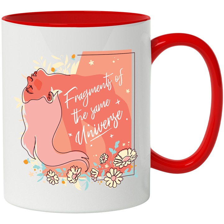 Cana Cu Arta Abstracta, Silueta Feminina Alecata Cu Parul In Jos, Flori Colorate, Text In Engleza Fragments Of The Same Univers, Self Love, Iubitorii De Sine, Multicolor, 330 ml, cu maner Rosu