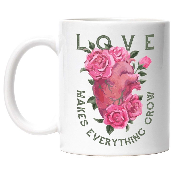 Cana Cu Mesajul Love Makes Evrething Grow, Inima Inconjurata De Flori, Text In Engleza Personalizat, 330 ml, cu maner Alb