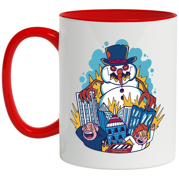 Cana Cu Om De Zapada Malefic Ce Distruce Un Oras, Oamen Infricosati Fugind, SF, Multicolor, 330 ml, cu maner Rosu