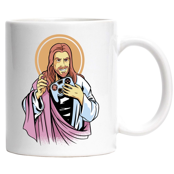 Cana Jesus, Jucator de Jocuri Video pe Console, Playstation, xbox, Ceramica, 330 ml, Multicolor cu maner Alb