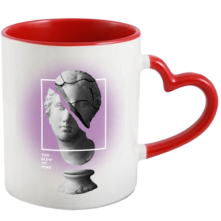 Cana Cu Arta Abstracta, Chip Sculptura Sparta, Fundal Roz, Arta Greceasca, Iubitorii De Istorie 330 ml, cu maner Inima Rosie
