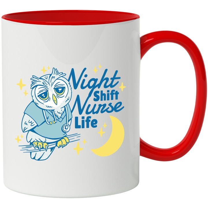 Cana Bufnita, Tura de Noapte Asistenta Medicala, Night Shift Nurse Life, Luna, Ceramica, 330 ml, Multicolor cu maner Rosu