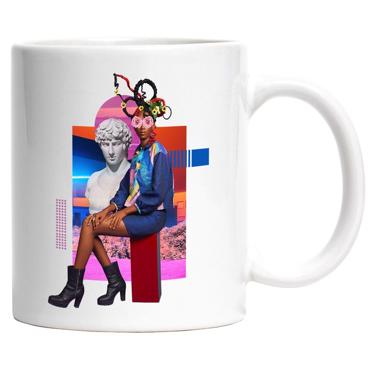 Cana Arta Modei, Statue, Grecia, Colaj, Abstract, Colorat, Ceramica, 330 ml, Multicolor cu maner Alb