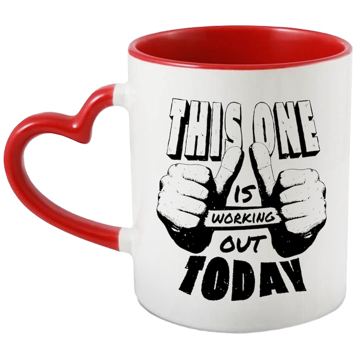 Cana This ONE Is Working Out Today, Ceramica, 330 ml, Multicolor cu maner Inima Rosie